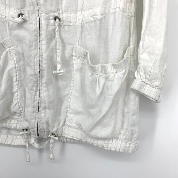 SOLD Eileen Fisher Zip Front Long Sleeve Hooded Linen Jacket Sz L White Cinch - Picture 5 of 7